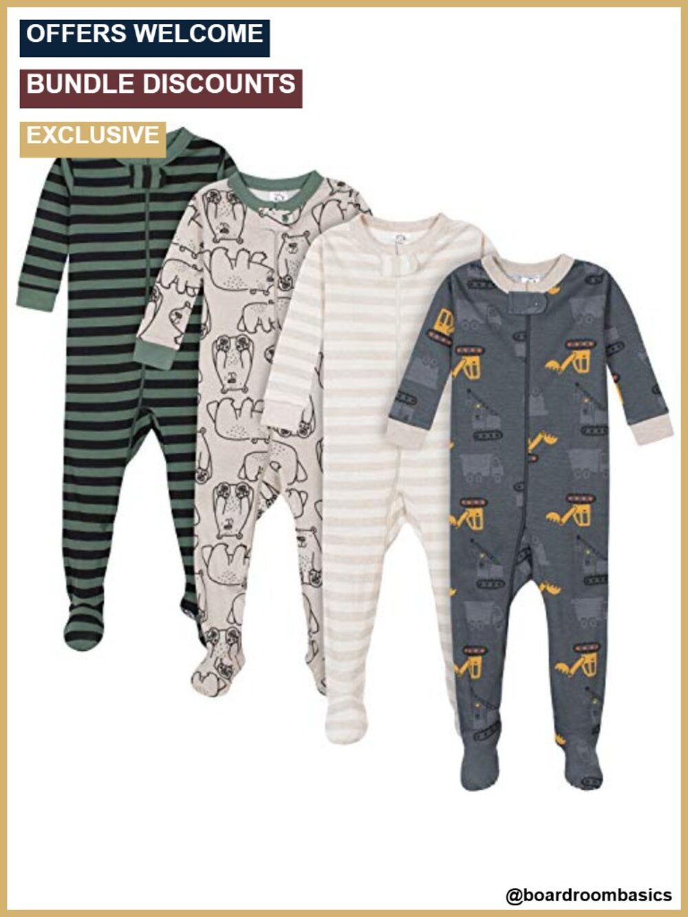Gerber Baby Boys 4-Pack Footed Pajamas Cotton Sleepers Snug Fit Zip